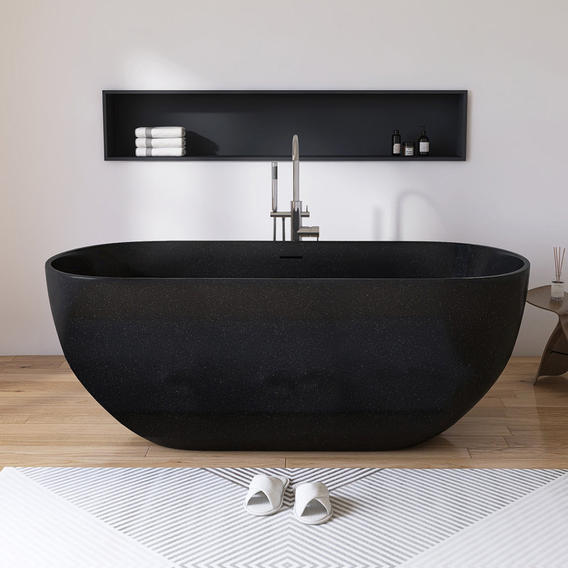  63" x 31" Freestanding Terrazzo Bathtub Solid Surface Soaking Tub, Black