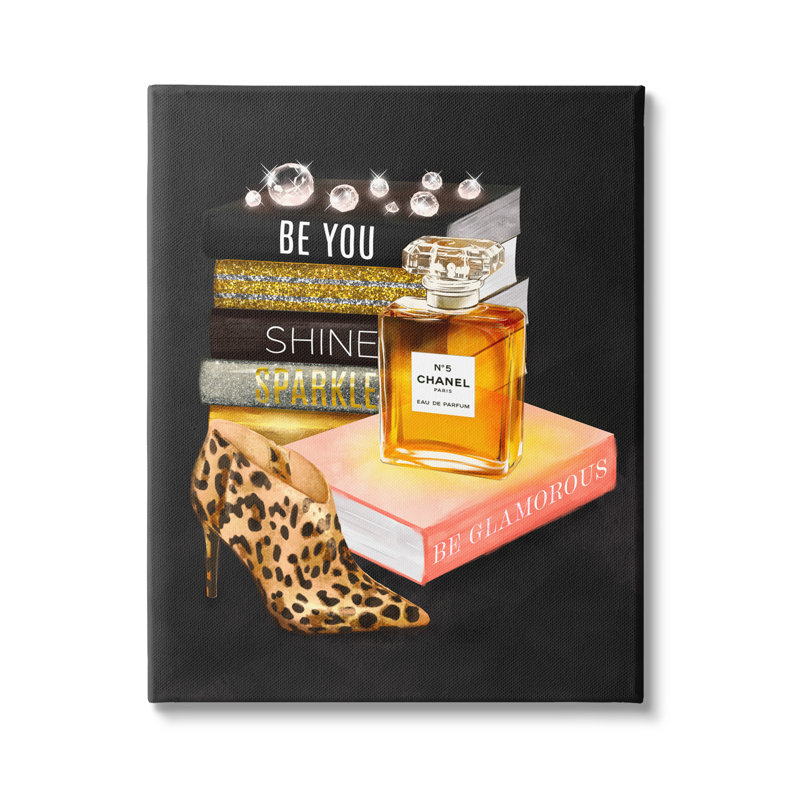 Be Glamour, bouteille de parfum, mode, talon léopard, mode, giclée encadrée, art texturé par Ziwei Li, Toile tendue