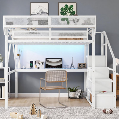 Structure de lit mezzanine en métal pleine grandeur compacte avec bureau intégré, rangement intégré et lumières RVB personnalisées, blanc classique