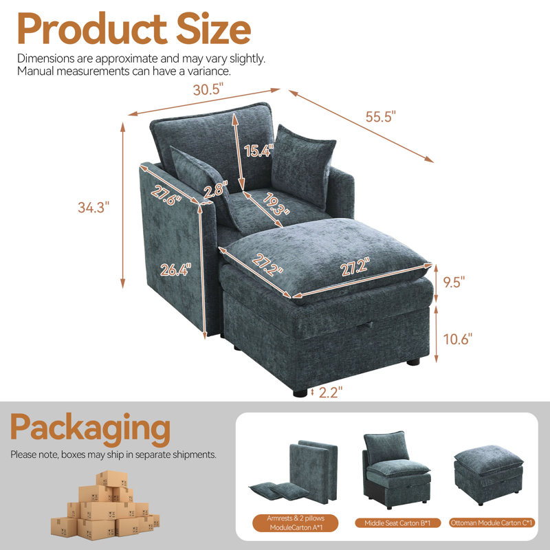 Upholstered Accent Chair + Storage Ottoman Set – 2-Piece with Hidden Compartments, Blue