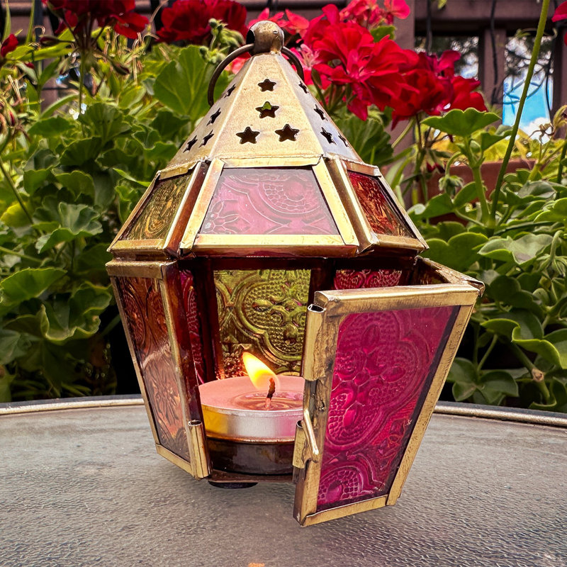 Mini lanterne hexagonale en verre, Jaune / Rose
