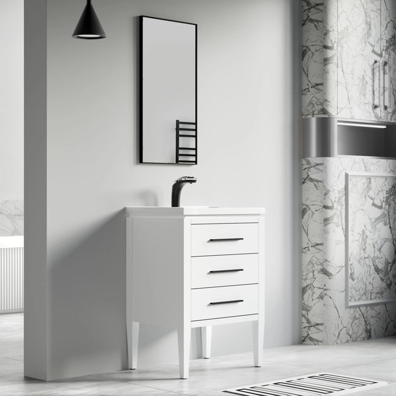 Stewie 24'' Single Bathroom Vanity with White Ceramic Top – Soft Close Drawers & Freestanding Design, White/Black