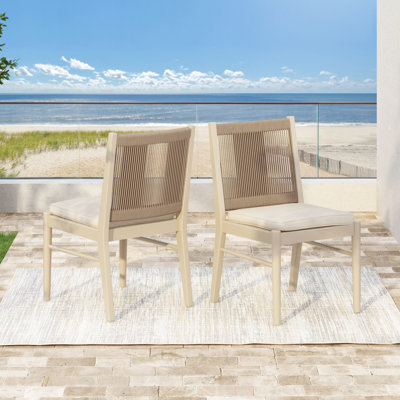Chamaine Wood Premium All-Weather Wicker Outdoor Dining Side Chair with Cushion