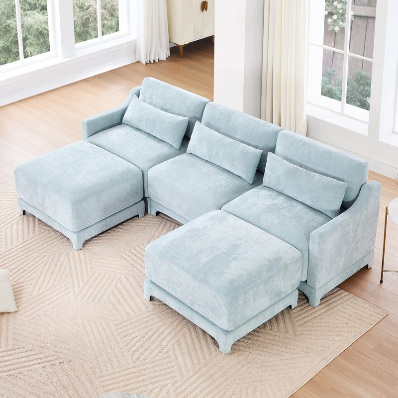 Jedidiah U-Shaped Chenille Sectional Sofa with 2 Ottomans & Lumbar Pillows, Sky Blue Chenille, 32.6" H x 110.2" W x 61" D