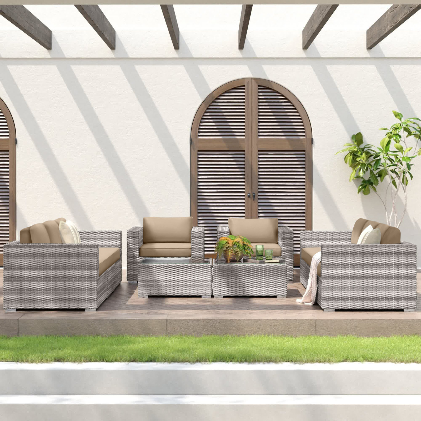 Franke Wicker 8 Person Seating Group, Heather Beige Sunbrella®, Gray