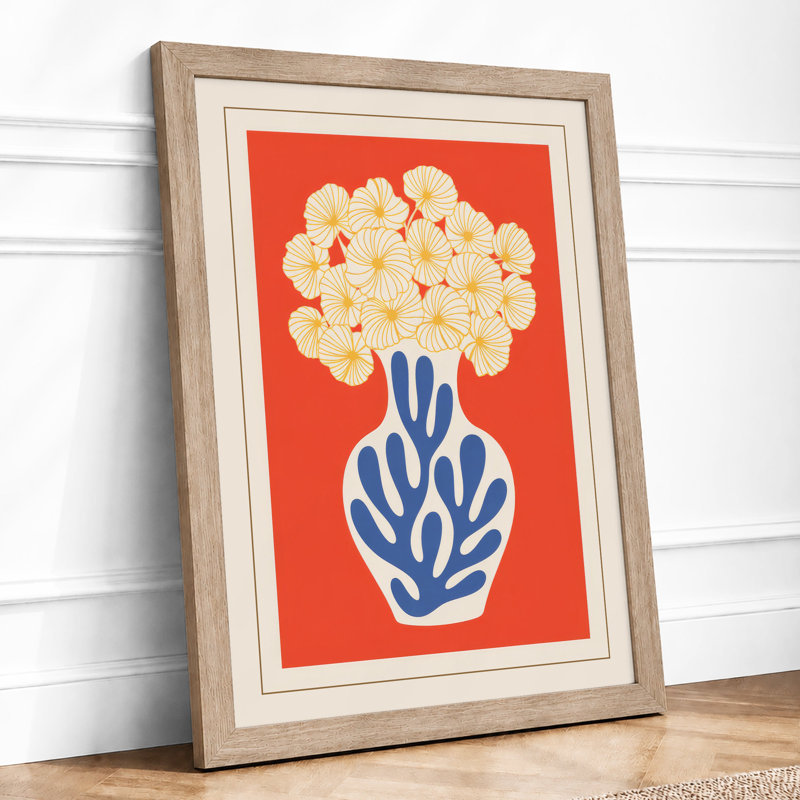 Floral Arrangement in Blue Mid-Century - Framed Print, A2 - 59.4 x 42.0 cm, Oak