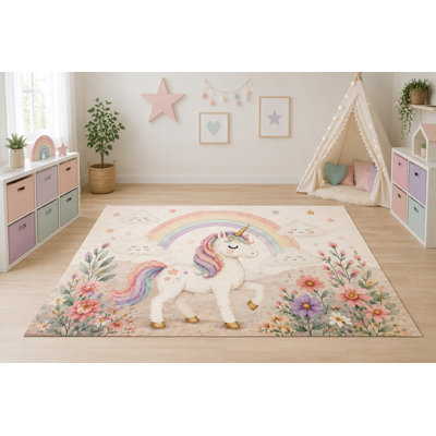 Tapis « Ultra Fin » 152 x 213 cm Licorne Arc-en-ciel pour chambre d'enfant, chambre à coucher, salon et bureau à domicile, tapis doux à poils courts avec envers antidérapant en silicone