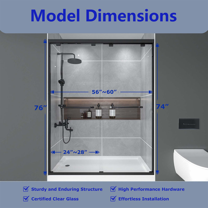 Porte de douche coulissante double l 56 à 60 po x H 72 po, verre trempé ANSI / SGCC de 1/4 po (6 mm), empreinte digitale, conception résistante