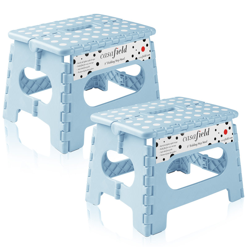 9" Folding Step Stool With Handle, Set Of 2, Light Blue
