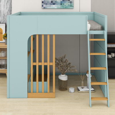 Lit mezzanine en bois avec échelle et tablettes de rangement intégrées