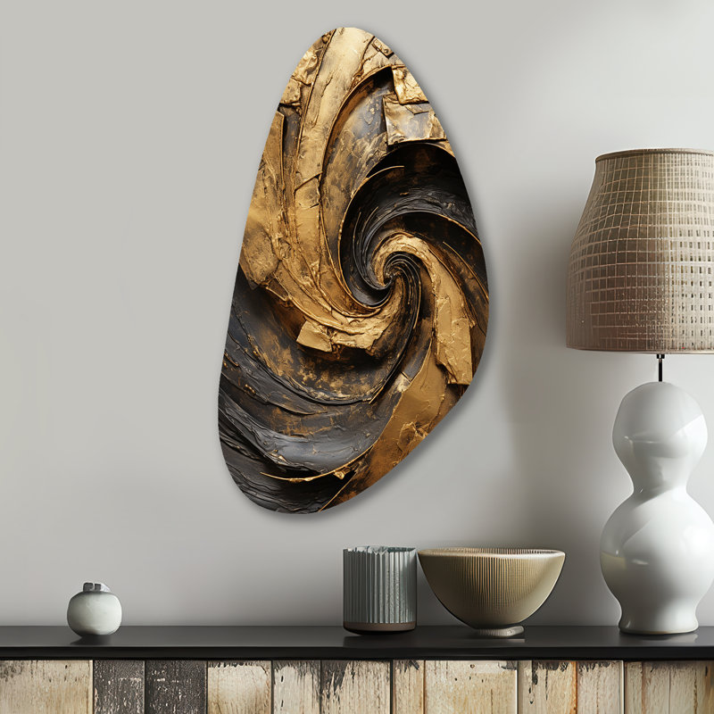 Gold Black Timeless Turn IV - Abstract Spirals Asymmetrical Metal Wall Art, Modern Unique Shape Metal Art Print