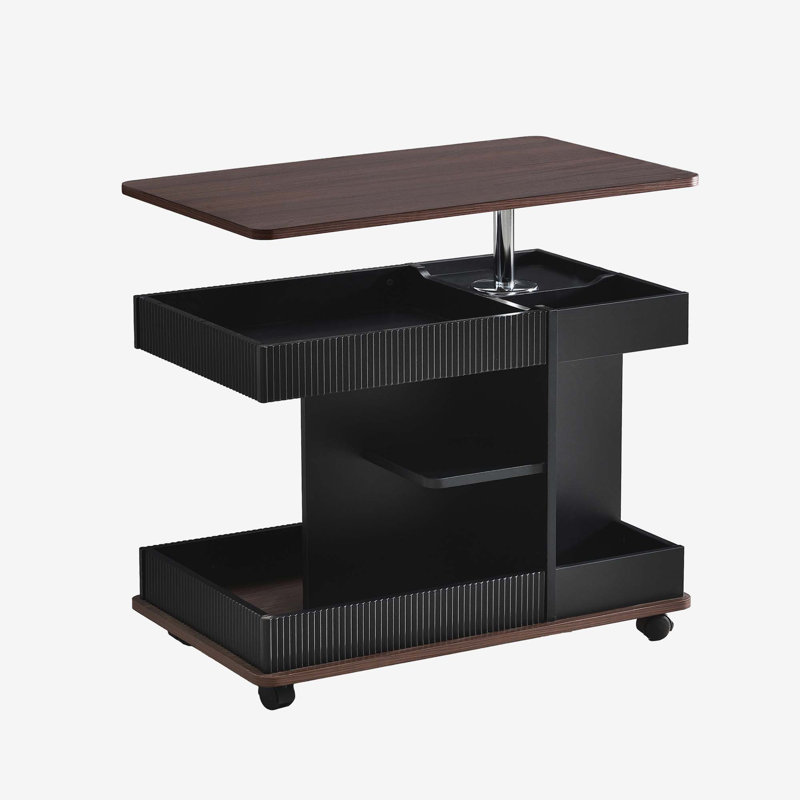 Lift-Top End Table With Wheels, 360° Rotating Top & Storage – Space-Saving & Multifunctional For Small Spaces, Black+Brown