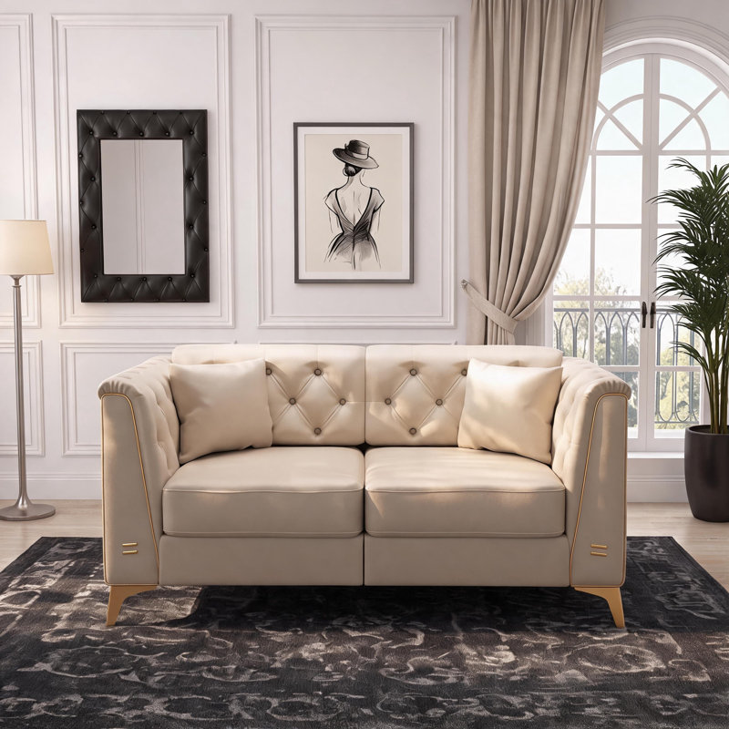 Canapé Chesterfield 2 places en similicuir de 157 cm (61,8 po) avec garniture métallique, Beige Faux Leather