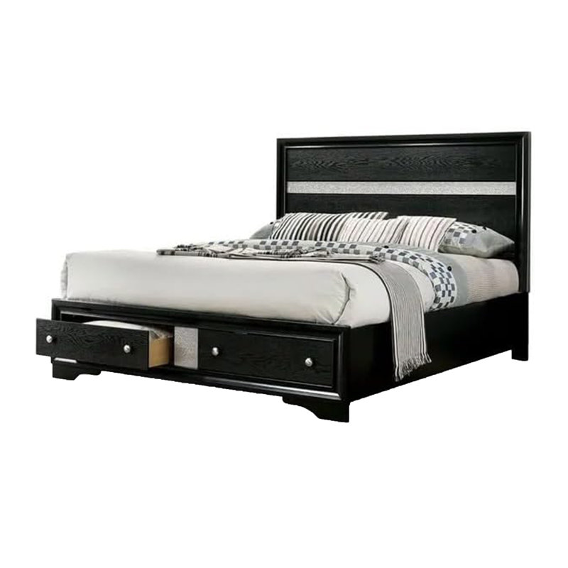 Ensemble de chambre à coucher grand lit, noir, bois argenté, ensemble de 2 pièces avec table de chevet