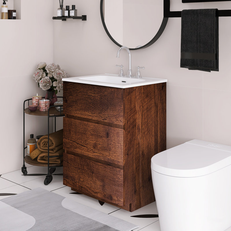 Meuble-lavabo autoportant 24 po avec lavabo en céramique 24 po, Noyer