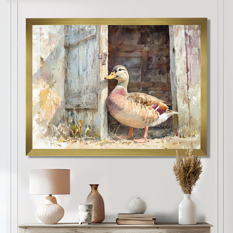 Dubien, mignon, portrait de canard à la grange II - art mural de canard pour le salon, H 30 po x l 40 po, Doré