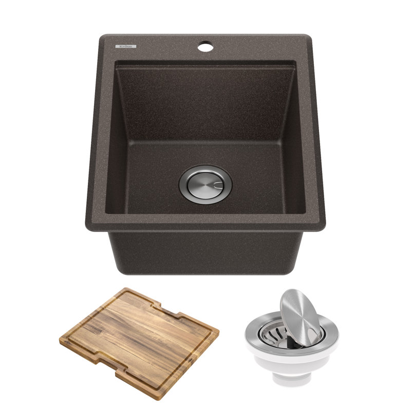 KRAUS Bellucci 28” Granite Workstation Drop In Top Mount Single Bowl Kitchen Sink with Accessories, Metallic Brown