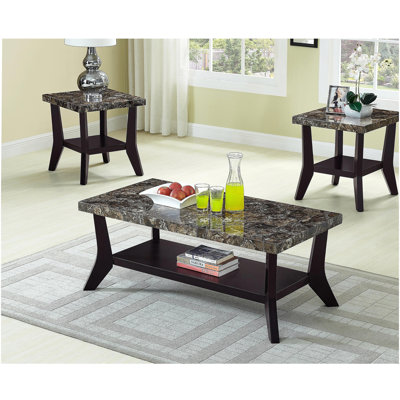 Faux Marble Tops 3-piece Table Set Rectangular Coffee Table Two Matching End Tables MDF Wooden Base Built-In Storage Shelves Contemporary Home Brown
