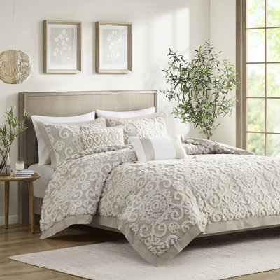 100% coton, housse de couette pour très grand lit, taupe, broderie en chenille tridimensionnelle, fermeture à boutons, taies décoratives, qualité en coton taupe avec chenille, 2 et 4 attaches intérieures