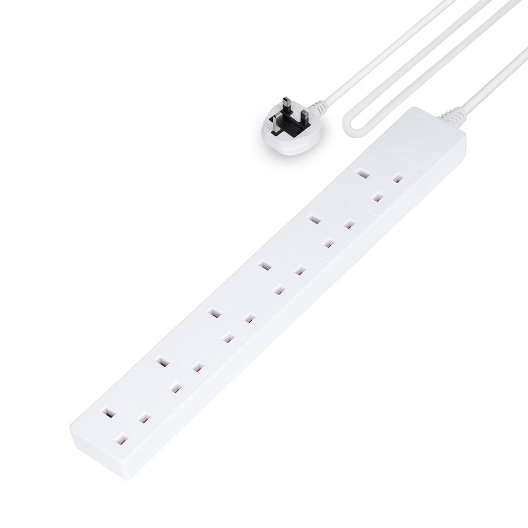 GEEPAS 6 Gang Extension Lead, 2M Cable | 6-Way Plug Extension Cable, Overload Protection | Wall Mountable & Multi Socket Mains Strip For Home Bedroom