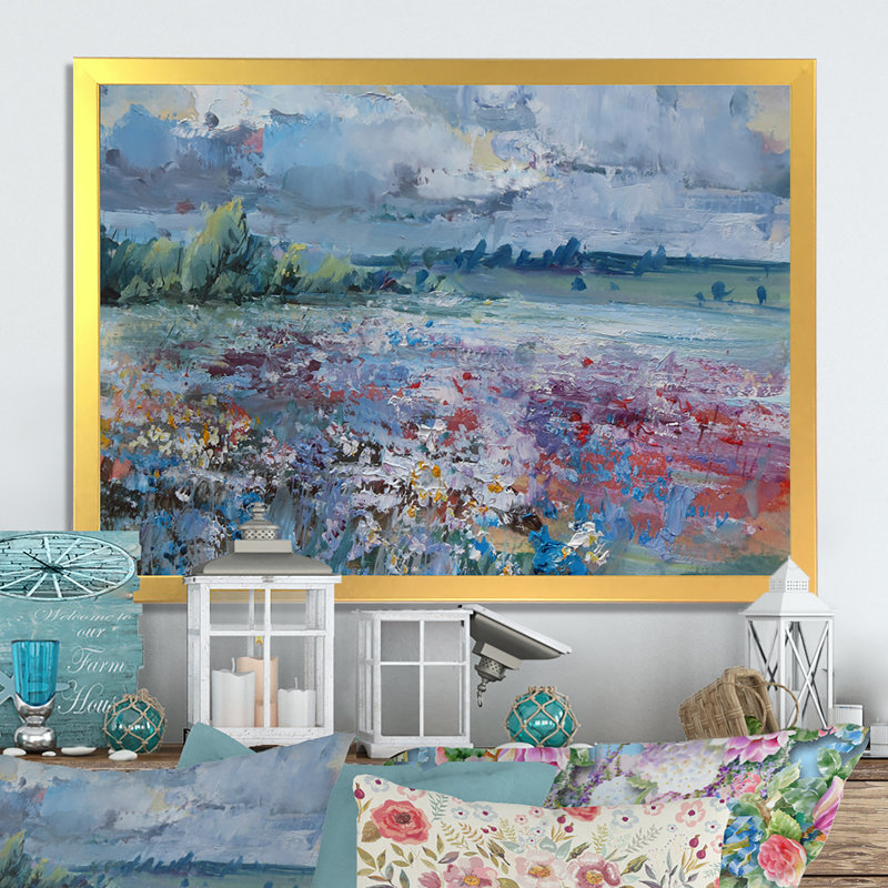 «Scenery Wildflowers Blooming», peinture sur toile, H 24 po x l 36 po x P 1 po, Encadrement doré