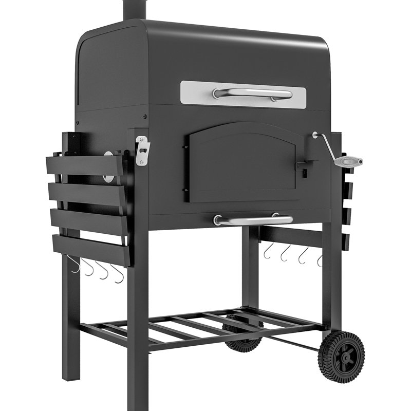 Barbecue au charbon de bois avec tablette de rangement, hauteur réglable, thermomètre, ouvre-bouteille et roulettes pour jardin, noir, bac à légumes, étagères pliables, pique-nique.