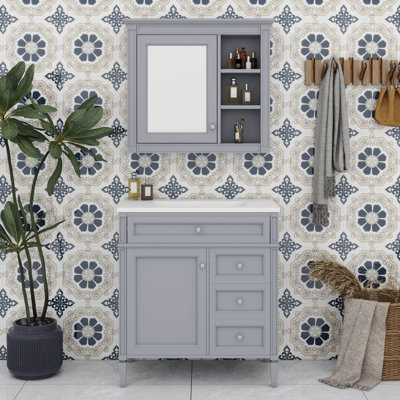 Ensemble de meuble-lavabo 30 po avec armoire à miroir, armoire de rangement pour salle de bain avec lavabo en résine, 2 tiroirs et un tiroir basculant