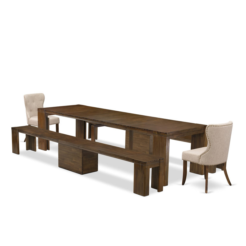 L'ensemble de table de salle à manger moderne 5 pièces comprend une table de cuisine rectangulaire extensible, 2 chaises de salle à manger et 2 bancs modernes en noyer antique