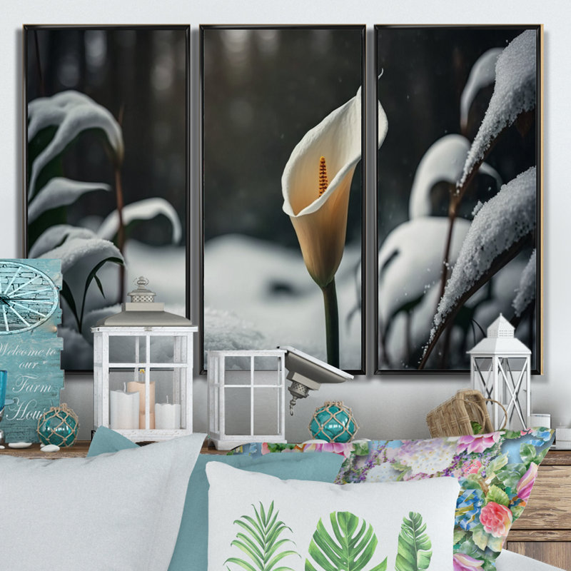 «A Blooming White Calla Lily Flower Winter II», ensemble de 3 reproductions sur toiles, Cadre noir