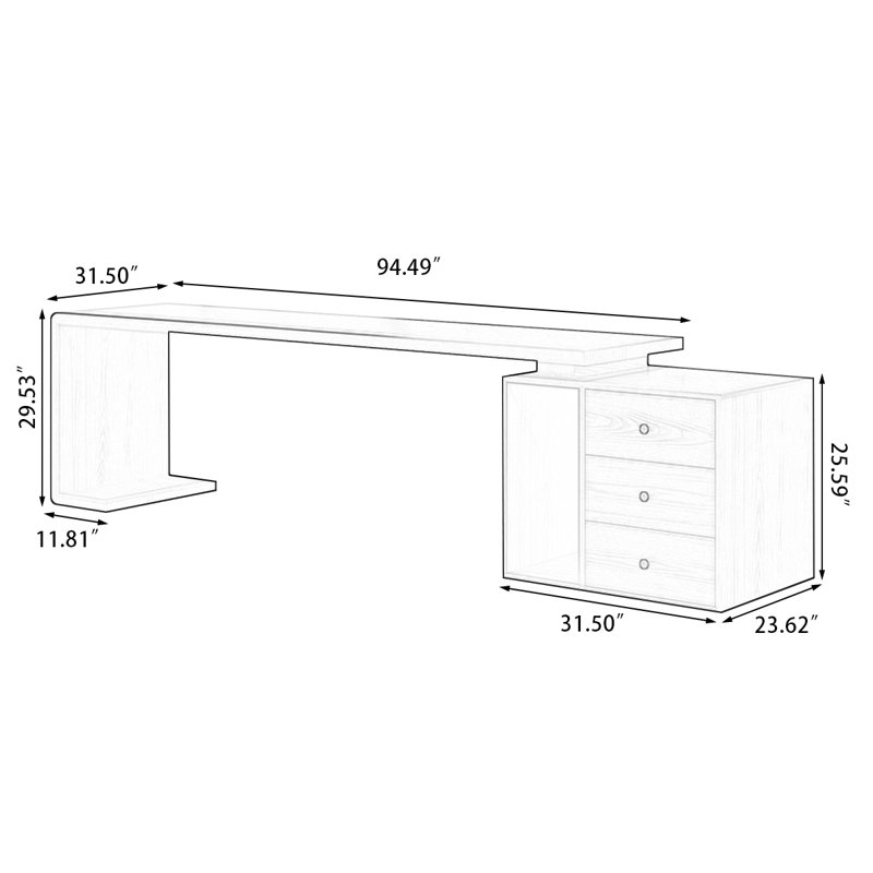 Light Walnut Color Rectangular Solid Wood with 3 drawers desk, 29.53" H x 94.49" W x 31.5" D