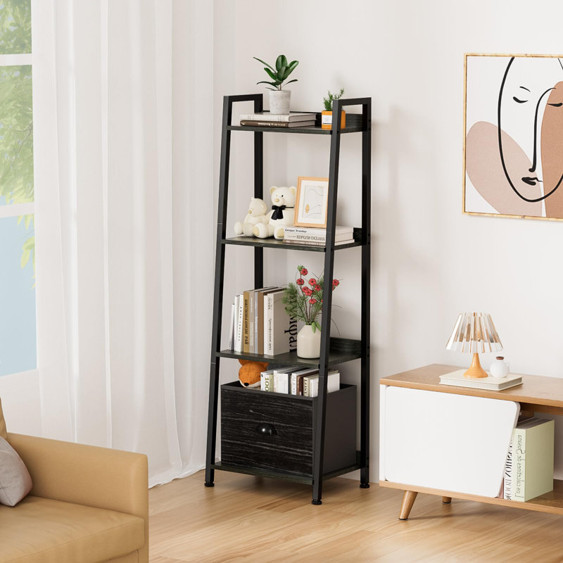 Black 4-Tier Ladder Bookshelf with Removable Drawer