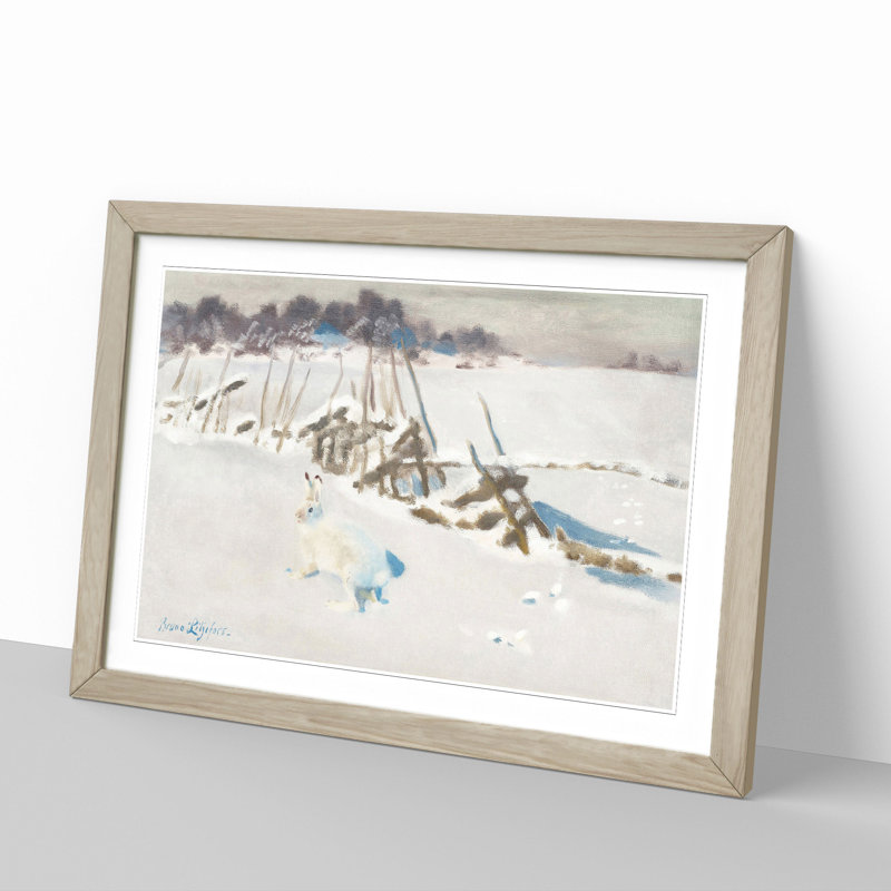White Hare Vol.2 by Bruno Liljefors - Picture Frame Painting, 27cm H x 36cm W x 2cm D, Oak