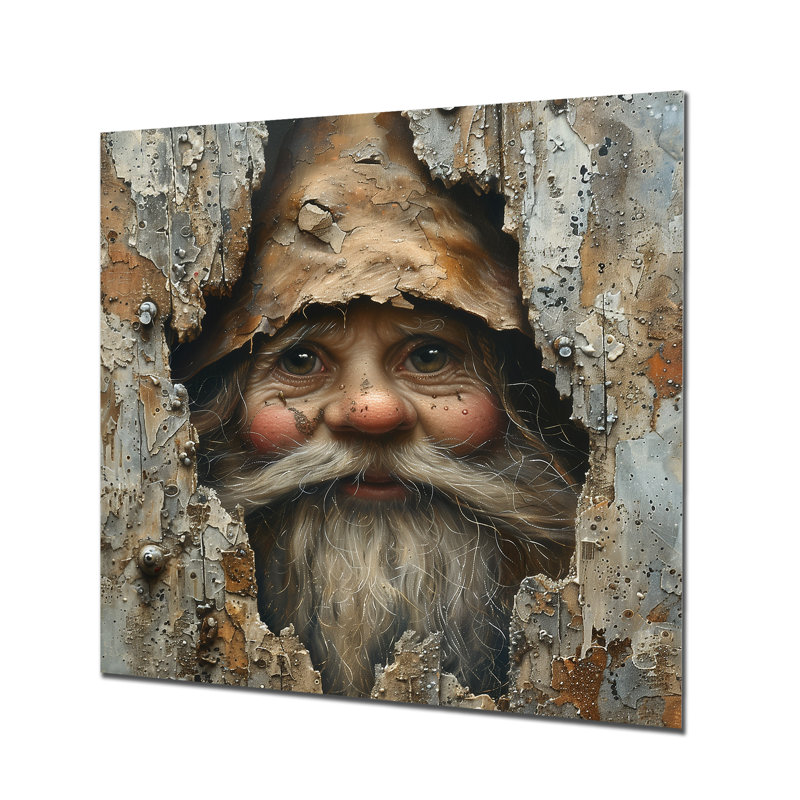 Beige gnome espion dans une enceinte en bois - art mural gnome, Sans cadre, métal, H 16 po x l 16 po