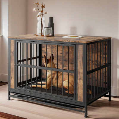 Mobilier de cage pour chien, table de cage pour chien en bois avec 2 portes coulissantes et cadre de porte en fer épais