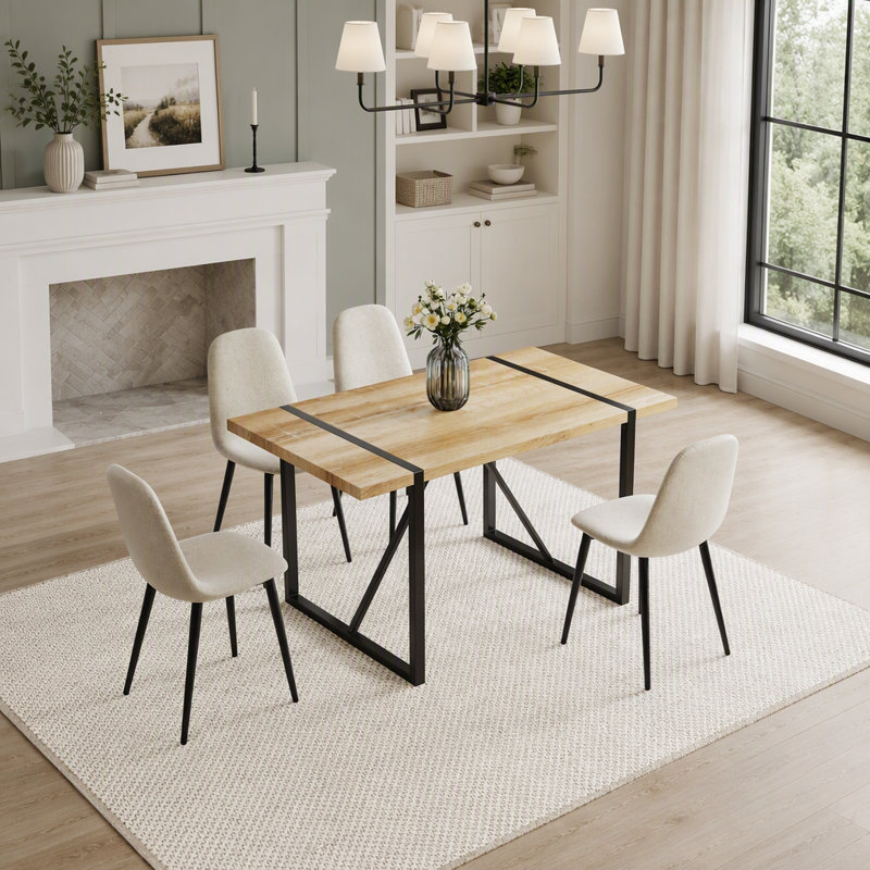 Ensemble de table de salle à manger en bois aggloméré de 55 pouces et ensemble de chaises en lin moderne, design Mid-Century avec base en métal, idéal pour les cuisines et les salles à manger contemporaines