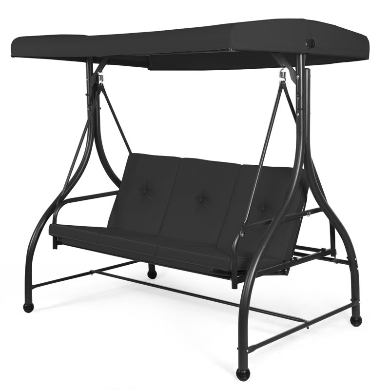 Black Adjustable Steel Frame 3-Seat Outdoor Swing with Canopy