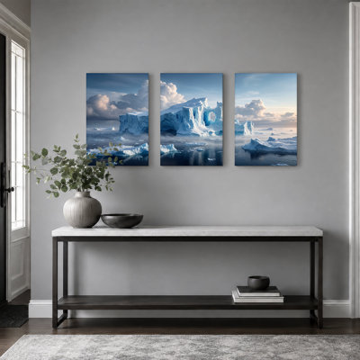 «Blue Iceberg In Misty Ocean Water Under Dramatic Clouds», ensemble de 3 toiles murales