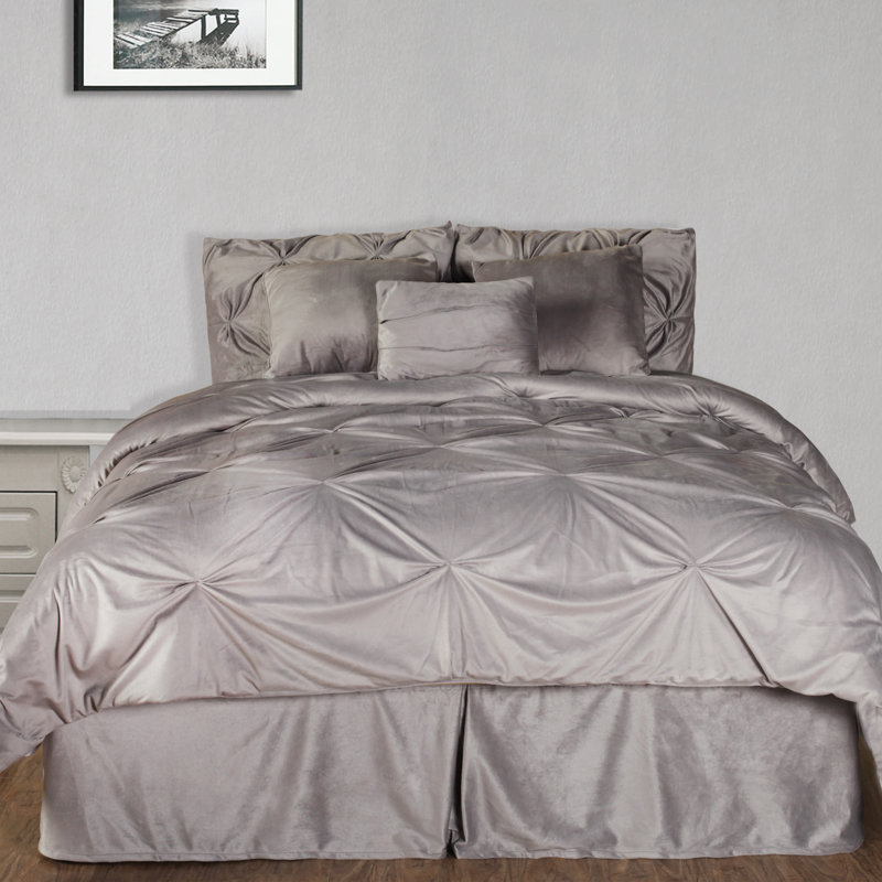 Ensemble d'édredon en peluche Pintuck, Édredon double et 6 pièces supplémentaires, Gris