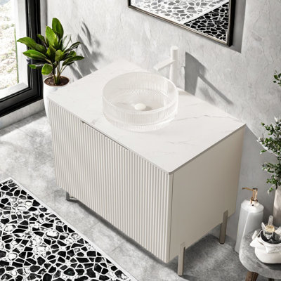 Meuble-lavabo moderne avec lavabo en verre, rangement spacieux, blanc