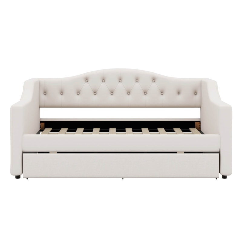Upholstered Daybed With LED Belt And Trundle, Linen Sofabed For Kids Adults Bedroom,No Box-Spring Needed, Full XL, Beige