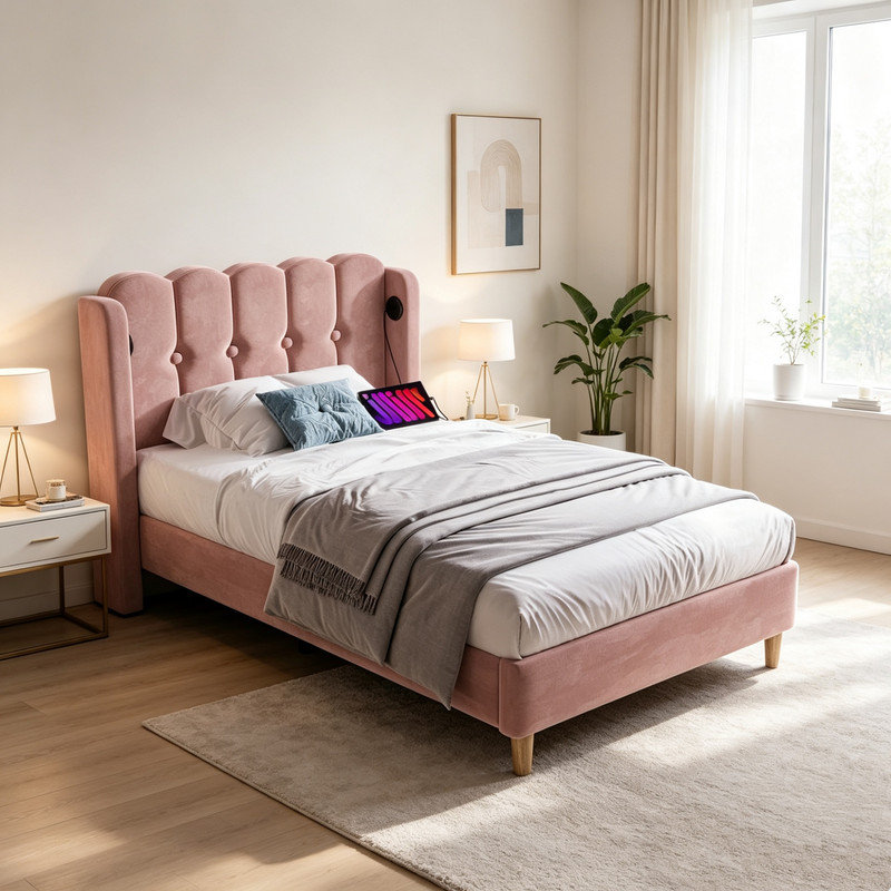 Upholstered Single (3') Velvet Bed, Pink