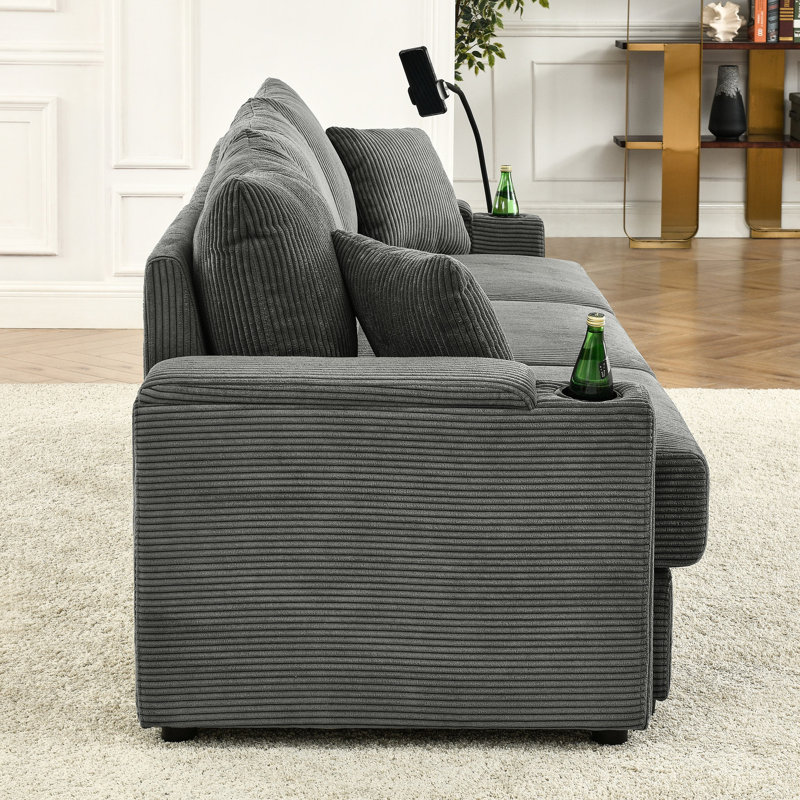 6 moderne avec rangement, gris. Canapé en velours côtelé, siège spacieux de 22,5 po, porte-gobelets et téléphone, velours côtelé gris. Conception robuste