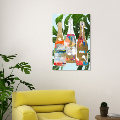 «Tropical Champagne Bottles», impression sur toile tropicale dorée glamour pour salle à manger