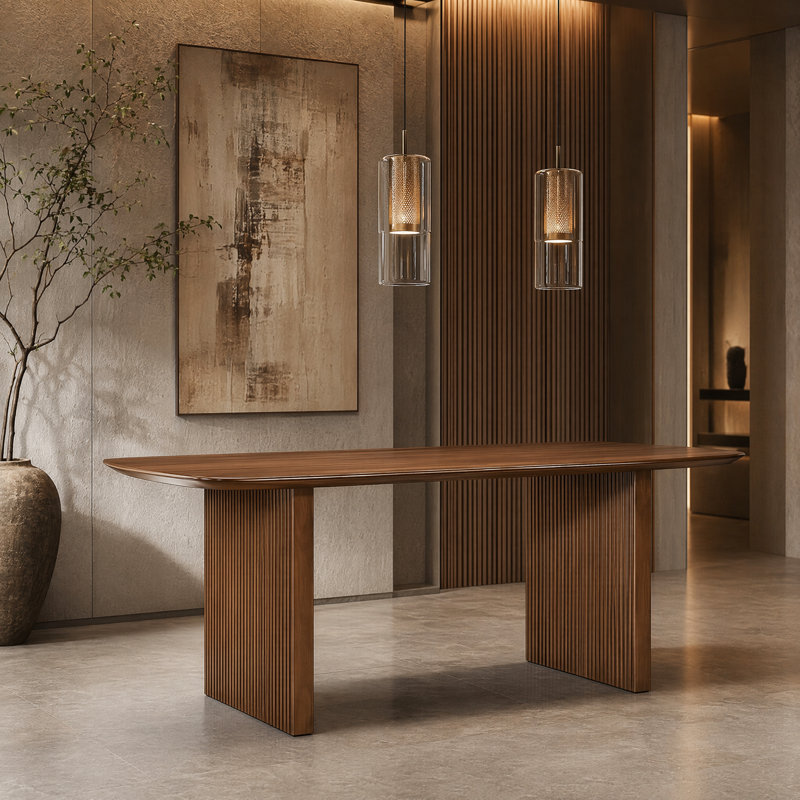 Luna Luxe Wood Dining Table with Sculptural Solid Wood Dual-Leg Design, Walnut