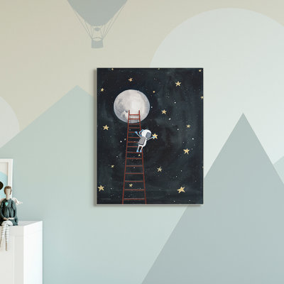 «Astronaut Hanging Stars Outer Space Ladder to Moon», art mural sur toile tendue XXL par Rachel Nieman