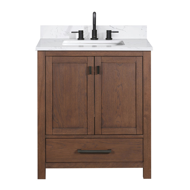 Modero 30" Single Bathroom Vanity with Top, Cala White Marble, Mocha Oak, Black