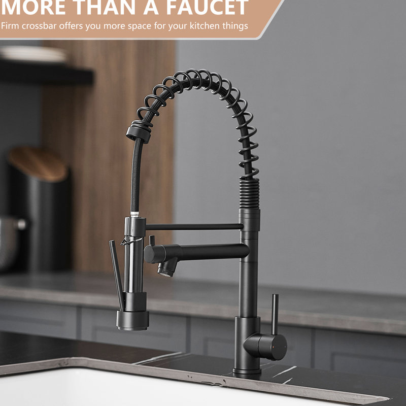 Kitchen Faucet With Pull Down And Soap Dispenser, 304 Stainless Steel, Black, Single Handle, Hole, Commercial Style Deck Plate Steel ,