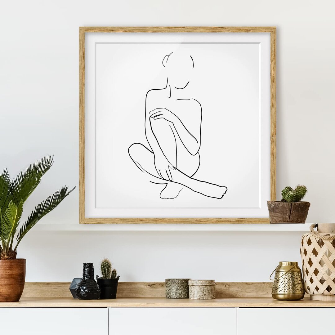 Gerahmter Grafikdruck Line Art Woman Sitting