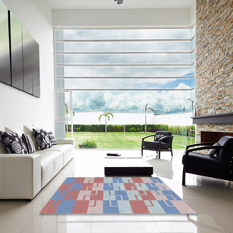 Tapis géométrique rouge / bleu marine, Carré 8 pi