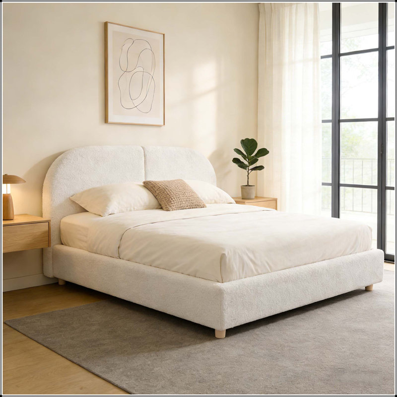 Structure de lit tapissier avec tête de lit haute incurvée, Beige, Grand lit